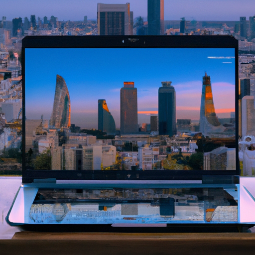 תמונה של קו הרקיע של תל אביב, כשבחזיתו מחשב נייד המייצג את הנוף הדיגיטלי של העיר.