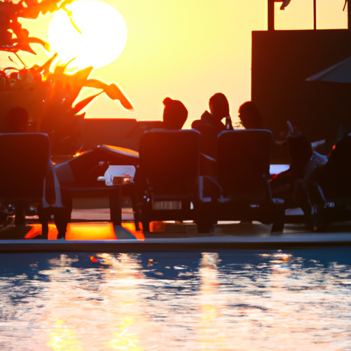 קבוצת תיירים נהנית באזור הבריכה של מלון במחיר סביר עם השמש השוקעת ברקע.