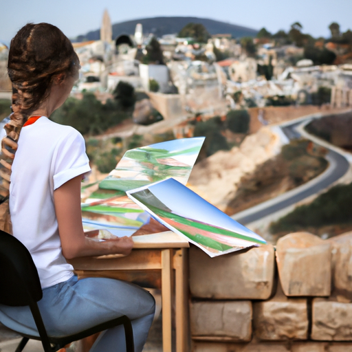 1. A solo traveler looking at a map of Israel, with Abraham Tours brochures spread out in front of her.